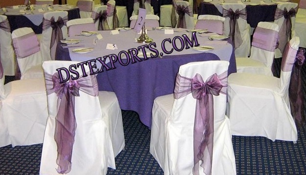 WEDDING CHAIR COVER WITH PURPLE TISSUE SASHAS