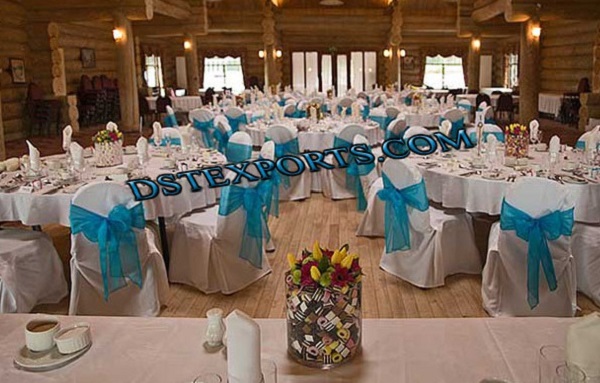 WEDDING CHAIR COVER WITH BLUE SASHAS