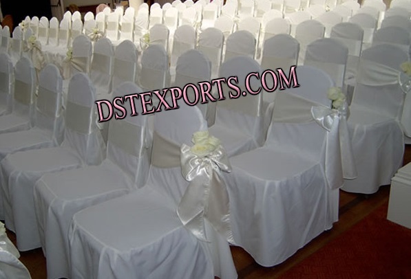 WEDDING WHITE CHAIR COVER WITH SATIN SASHAS