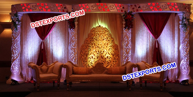 Latest Asian Wedding Golden Heavy Carving Stages