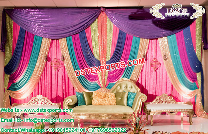 Glossy Mehandi Stage Backdrop Curtains
