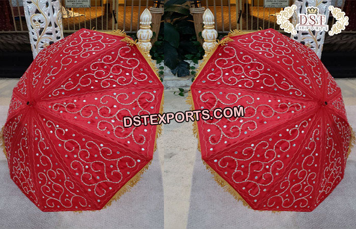 Wedding Red Gold Embroidered Umbrellas