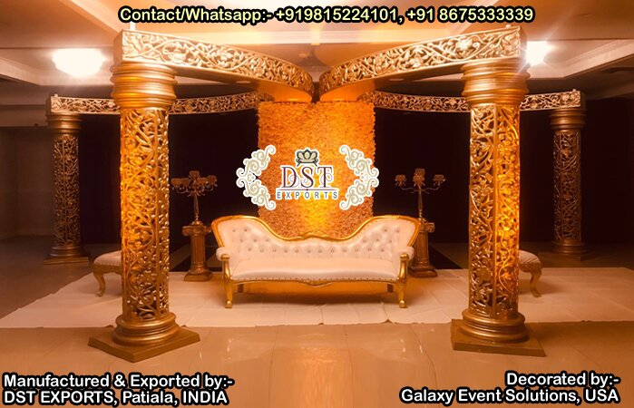 Dazzling Gold Pillars Wedding Mandap USA