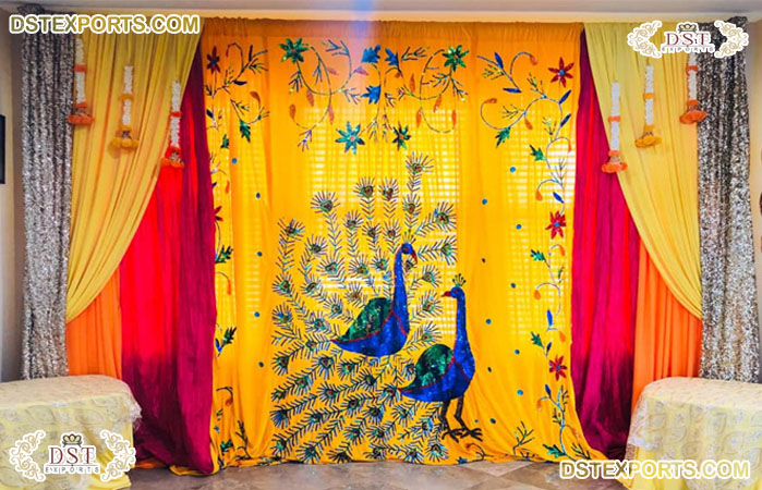 Beautiful Haldi Ceremony Stage Peacock Backdrop