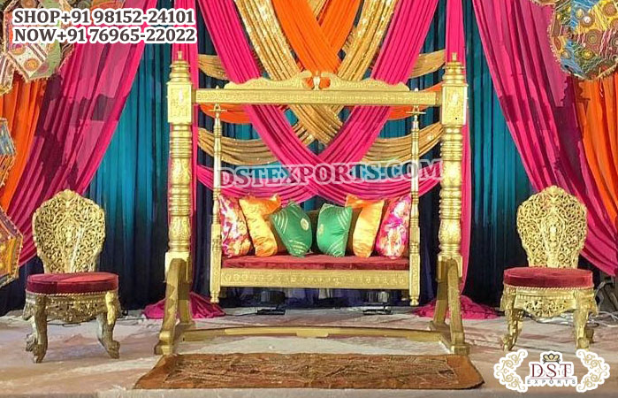 South Asian Wedding Golden Swing with Chairs