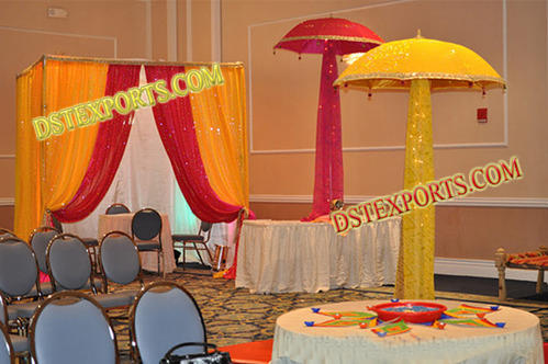 MEHANDI  STAGE  GOLDEN UMBRELLAS