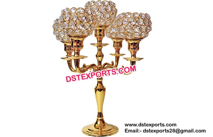 Gold Crystal Globe Five Arm Candelabras